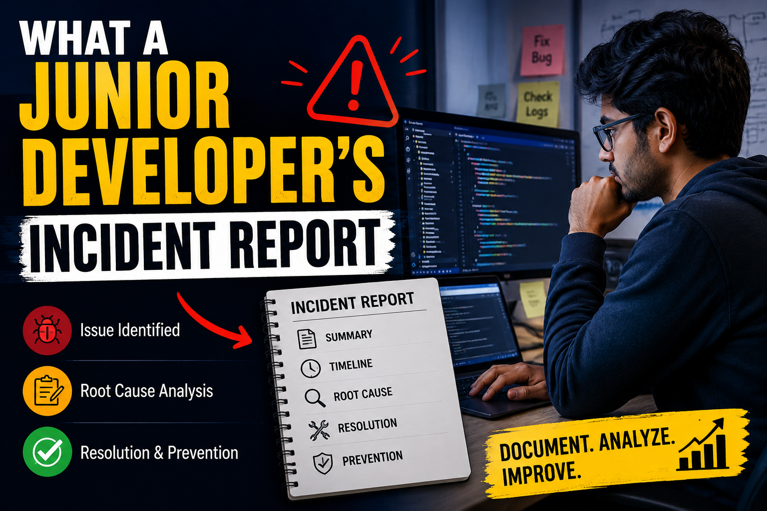 Learn what a junior developer's incident report looks like with a real example, best practices, structure, and tips to write clear technical incident reports.